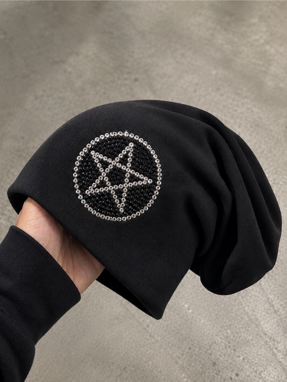 Pentagram Custom Rhinestone Black Slouch Beanie New